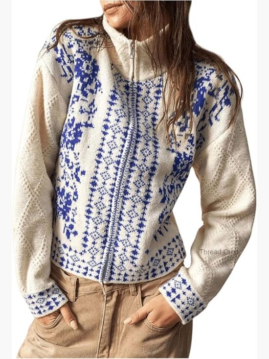 Sweaters - Boho Floral Print Long Sleeve Zip Cardigan Sweater Knitwear